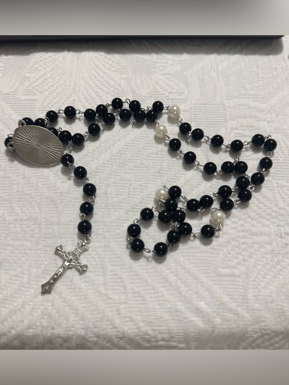 NEW Black Bead Rosary Necklace with Silver Cross